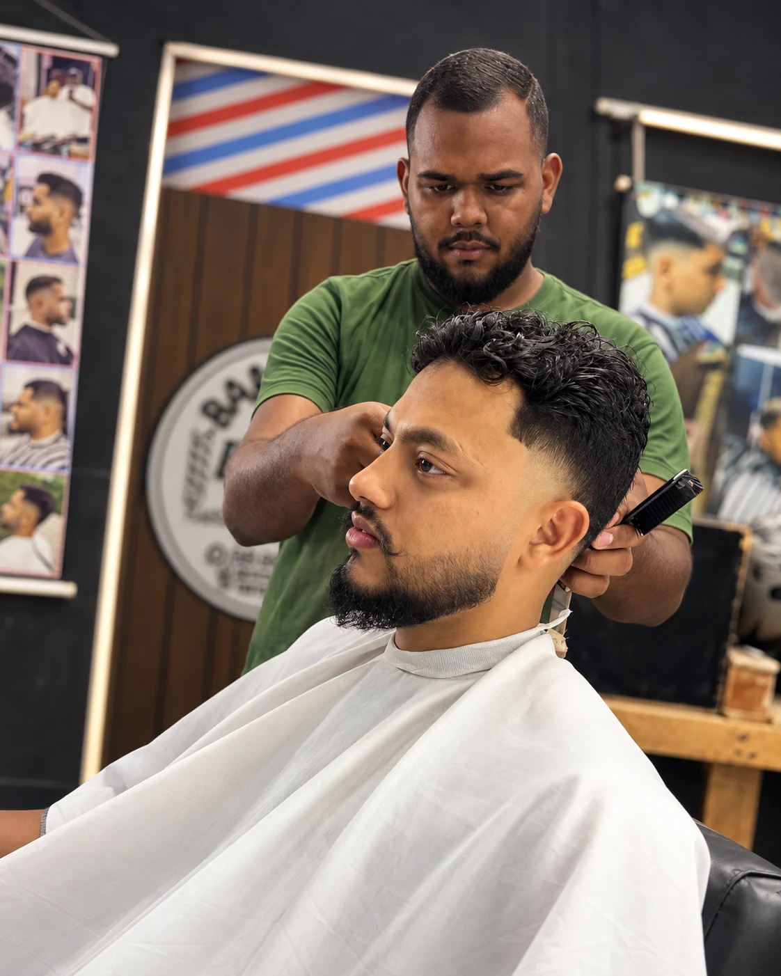 Gabriel, de camiseta verde, trabalhando no acabamento do cabelo de um cliente